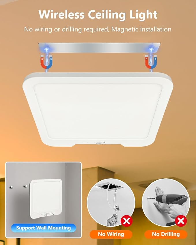 2 Pack Rechargeable Motion Sensor Ceiling Lights for Hallway (Square) | Magnetic Mount Dimmable Closet Light with Remote, 7000mAh Battery Operated, 3 Color Modes, Wireless Installation
