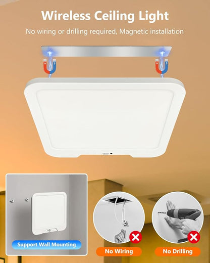2 Pack Rechargeable Motion Sensor Ceiling Lights for Hallway (Square) | Magnetic Mount Dimmable Closet Light with Remote, 7000mAh Battery Operated, 3 Color Modes, Wireless Installation