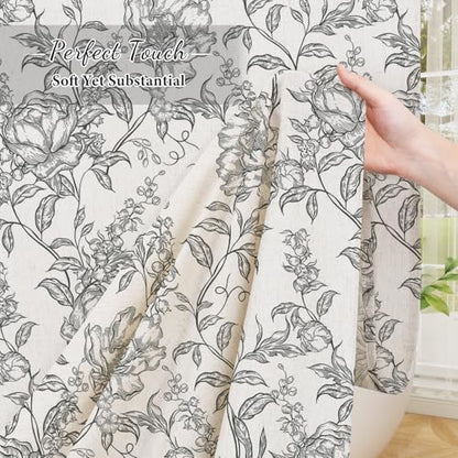 Black Boho Linen Fabric Shower Curtain , Farmhouse Floral For Bathroom