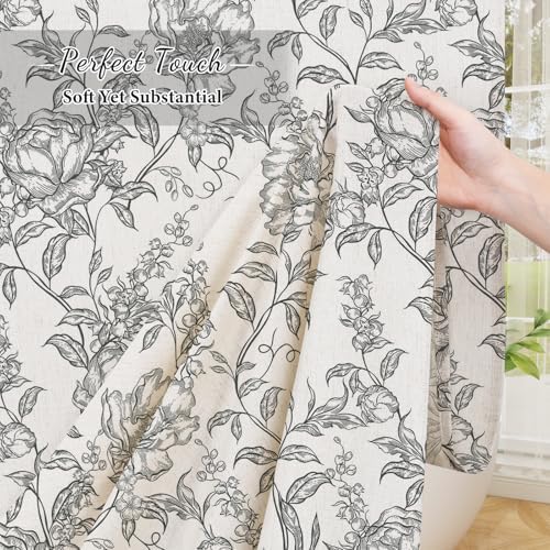 Black Boho Linen Fabric Shower Curtain , Farmhouse Floral For Bathroom