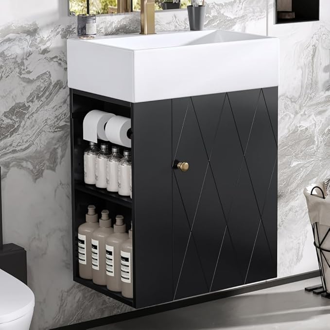 20" Floating Small Bathroom Vanity with Sink, Wall Mounted Vanity for Compact Bathrooms, Space-Saving Narrow Bathroom Vanities with Soft-Close Door Open Shelf Towel Bar (Black,20" Floating Door)