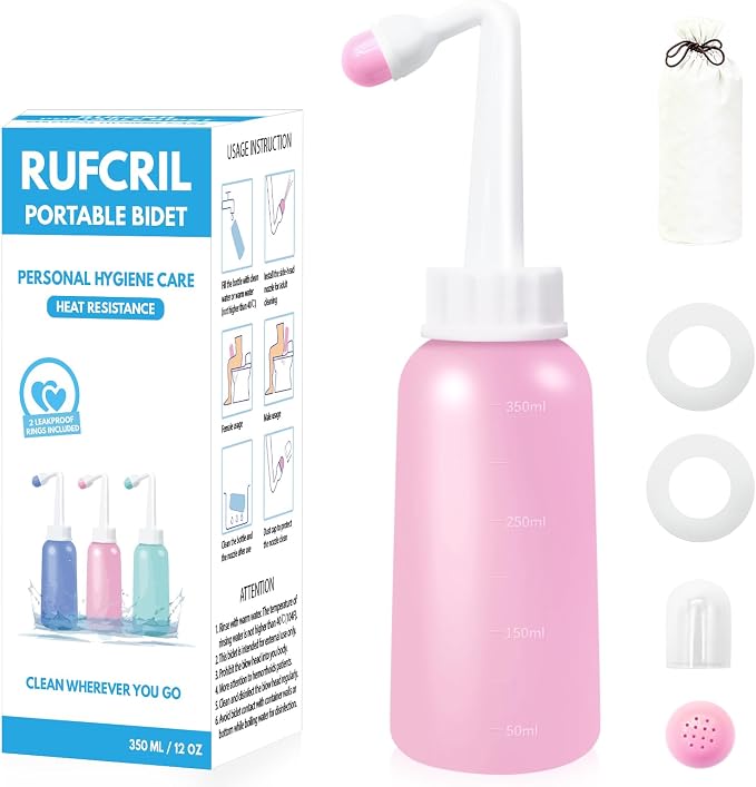 RUFCRIL Mini Peri Bottle, 350ml Portable Travel Bidet with Extra Ring and Carry Bag, TPE Material for High Temperature Resistance, Essentials for Postpartum Perineal Care,Hemorrhoid Treatment, Pink
