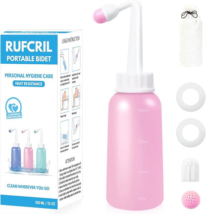 RUFCRIL Mini Peri Bottle, 350ml Portable Travel Bidet with Extra Ring and Carry Bag, TPE Material for High Temperature Resistance, Essentials for Postpartum Perineal Care,Hemorrhoid Treatment, Pink