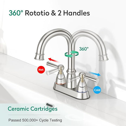 CREA Centerset Bathroom Faucet 3 Holes,4 Inch Bathroom Faucets Double Handles,360°Swivel Bathroom Faucet with Pop Up Drain,Brushed Nickel Bathroom Vanity Faucet Basin Mix Tap(cPUC Line)