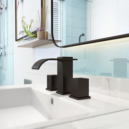 Luxury Brass Widespread Waterfall Bathroom Sink Faucets for 3 Hole 2-Handle 8 Inch Deck Vanity Faucet, &Stainless Steel Pop-up Drain Assembly, Matte Black