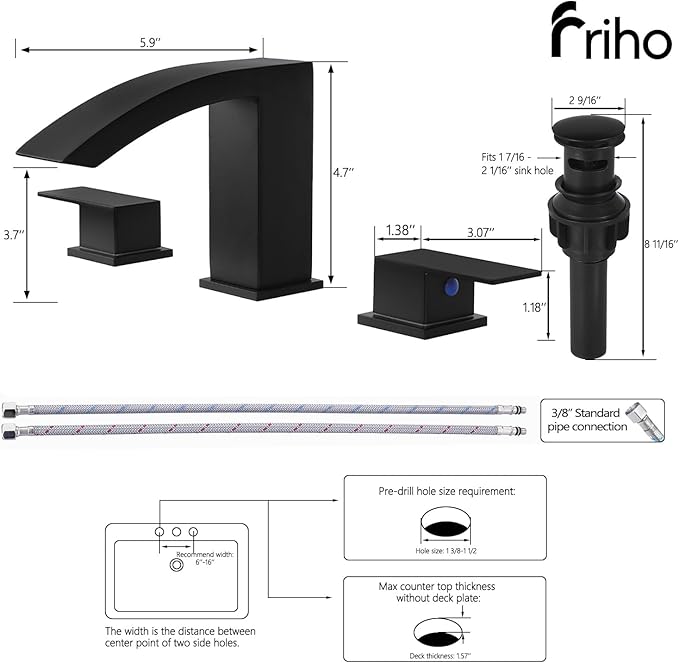 Friho Matte Black Bathroom Faucets 3 Hole, 8 Inch Widespread 2 Handle Square Waterfall Bathroom Sink Faucets with Pop-up Drain and Supply Lines, Vanity Faucet Suitable for Lavatory Restroom RV