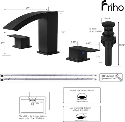 Friho Matte Black Bathroom Faucets 3 Hole, 8 Inch Widespread 2 Handle Square Waterfall Bathroom Sink Faucets with Pop-up Drain and Supply Lines, Vanity Faucet Suitable for Lavatory Restroom RV