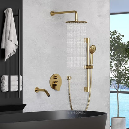 MONDAWE 9 Inch Wall Mounted Shower Faucet Set with Tub Spout in Brushed Gold, Rainfall Shower Head with 3-Setting Handheld Spray Shower Combo, High Pressure Shower System with Solid Brass Valve