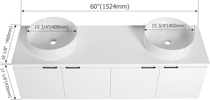 60 Inch Bathroom Vanity with Sink, 60" Floating Bathroom Vanity with Double Vessel Sinks, Modern Wall Mounted Cabinet Set, White Cabinet with 4 Doors and 2 White Ceramic Basin Sinks, Large Countertop
