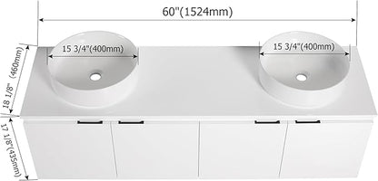 60 Inch Bathroom Vanity with Sink, 60" Floating Bathroom Vanity with Double Vessel Sinks, Modern Wall Mounted Cabinet Set, White Cabinet with 4 Doors and 2 White Ceramic Basin Sinks, Large Countertop