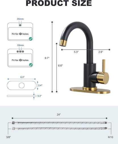 Modern Bar Sink Faucet: Single-Handle Black and Gold Bathroom Kitchen Sink Faucet, 1 Hole Wet Bar Sink Faucets with 360°Swivel Spout for bar RV Laundry Farmhouse