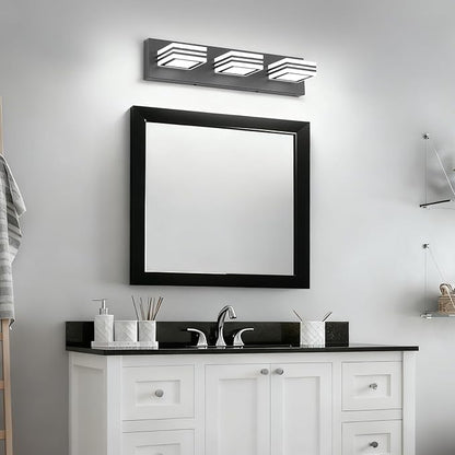 SOLFART LED Bathroom Vanity Light Fixtures： 3 Light Matte Black Modern Acrylic Bathroom Wall Lighting Fixtures Over Mirror Cool White 6000K