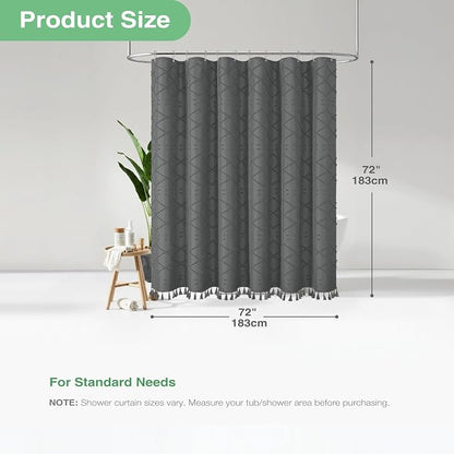 Boho Farmhouse Shower Curtain Tufted Geometric 72x72 Charcoal Grey | Elegant Tassel, Soft Lightweight Textured Fabric, Water Repellent, Washable, Hotel Spa, for Bathroom/Dorm/Apartment 12 Hooks