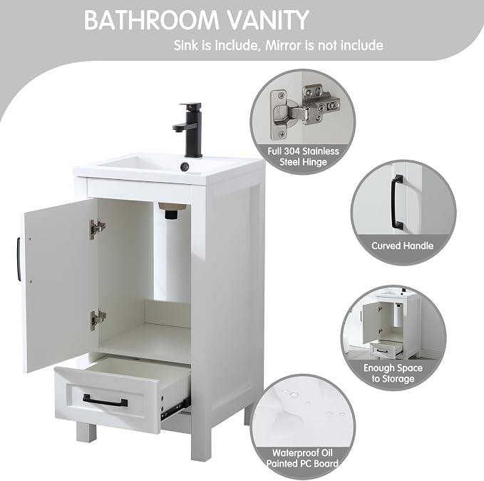 LUCKWIND 18" Bathroom Vanity and Sink Combos, Modern Bathroom Storage Painted Cabinet with Undercounter Ceramic Single Sink Top, Matte Black Faucet and Drawer, Mirror Not Included, White