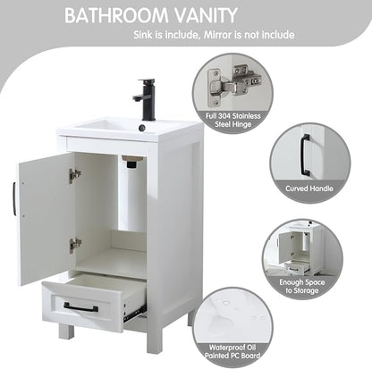 LUCKWIND 18" Bathroom Vanity and Sink Combos, Modern Bathroom Storage Painted Cabinet with Undercounter Ceramic Single Sink Top, Matte Black Faucet and Drawer, Mirror Not Included, White