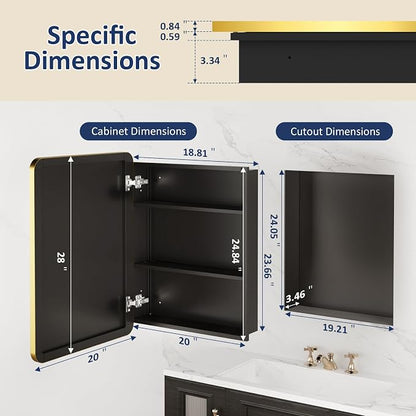 Medicine Cabinet Mirror 20x28 Inch, Gold Bathroom Mirror Cabinet with Stepless Adjustable Shelves, Stainless Steel Frame, Bathroom Mirror with Storage Recessed or Wall Mount
