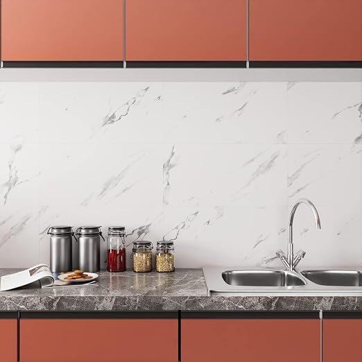 Stickyart Carrara Marble Floor Tile Vinyl Flooring Tiles Peel and Stick Floor Bathroom Waterproof 12"x24" White Marble Vinyl Flooring Tile for Bedroom Kitchen RV Self Adhesive Stick on Wall Tiles 4pcs