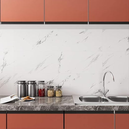 Stickyart Carrara Marble Floor Tile Vinyl Flooring Tiles Peel and Stick Floor Bathroom Waterproof 12"x24" White Marble Vinyl Flooring Tile for Bedroom Kitchen RV Self Adhesive Stick on Wall Tiles 4pcs