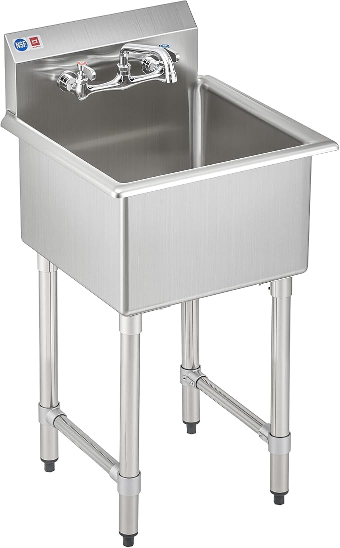 1-Compartment Sink, 18x18x12 in. Kitchen Sink with Strainer X-Shaped Guides Backsplash, Freestanding Single Bowl Utility Sink, Work Station Sink for Garage Kitchen Laundry Room Pet Salon