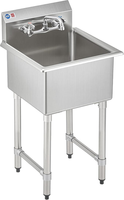 1-Compartment Sink, 18x18x12 in. Kitchen Sink with Strainer X-Shaped Guides Backsplash, Freestanding Single Bowl Utility Sink, Work Station Sink for Garage Kitchen Laundry Room Pet Salon