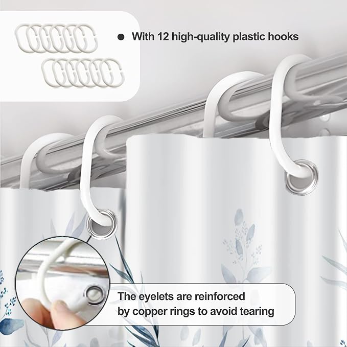 AWERT Shower Curtain Plants for Bathroom,Waterproof Quick-Drying Blue Leaves Shower Curtain Set with Hooks 72x72 Inch