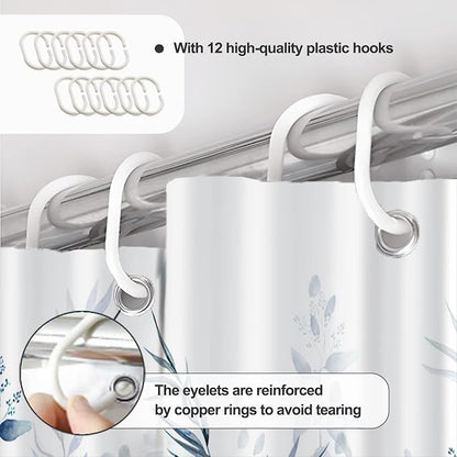 AWERT Shower Curtain Plants for Bathroom,Waterproof Quick-Drying Blue Leaves Shower Curtain Set with Hooks 72x72 Inch