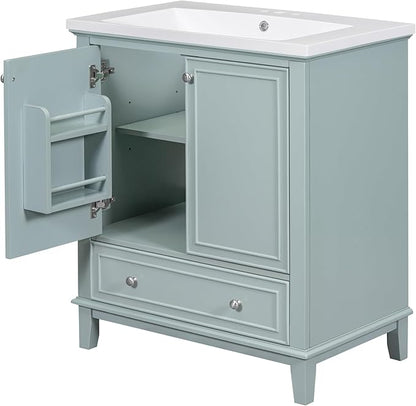 LUMISOL 30 Inch Bathroom Vanity with Sink Combo, Solid Wood Bathroom Cabinet with One Drawer and 2 Storage Doors, Multifunctional Organizers, Undermount Ceramic Sink, Green