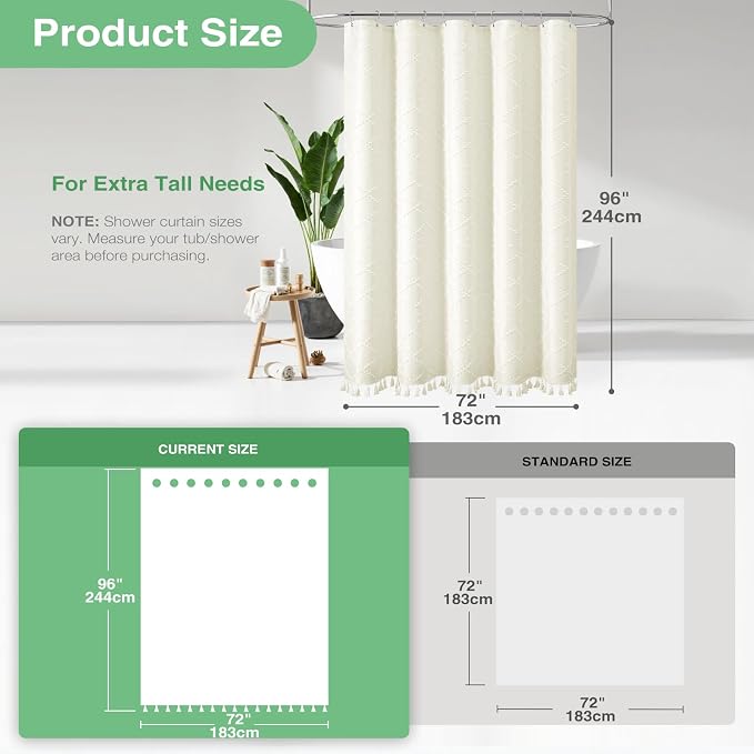 Extra Long Boho Shower Curtain Tufted Geometric 72"x96" Cream | 96 Inch Tall, Elegant Tassel, Lightweight Textured Fabric, Water Repellent, Washable, Hotel Spa, for Bathroom/Dorm 12 Hooks
