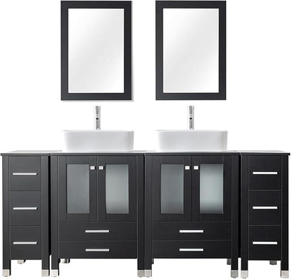 LUCKWIND 72" Double 24-in Bathroom Vanity with Sink Combo, Elegant Series with Two 12.6-in Side Cabinets, Painted Frame, Including White Rectangle Sinks, Faucets Without Mirrors, Black