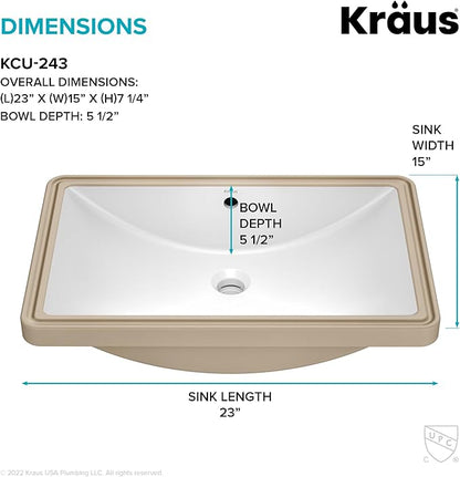 KRAUS Elavo 23 in. Rectangular Porcelain Ceramic Undermount Bathroom Sink in White with Overflow Drain, KCU-243