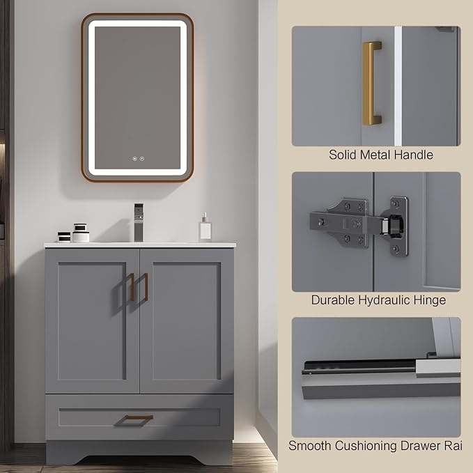 30 inch Bathroom Vanity with Sink, Modern Grey Vanity for Bathroom with Undermount Ceramic Sink, Freestanding 2-Door & 1-Drawer Storage Cabinet, for Small Bathroom Space, (Grey, 30")