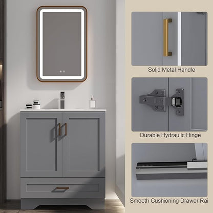 30 inch Bathroom Vanity with Sink, Modern Grey Vanity for Bathroom with Undermount Ceramic Sink, Freestanding 2-Door & 1-Drawer Storage Cabinet, for Small Bathroom Space, (Grey, 30")
