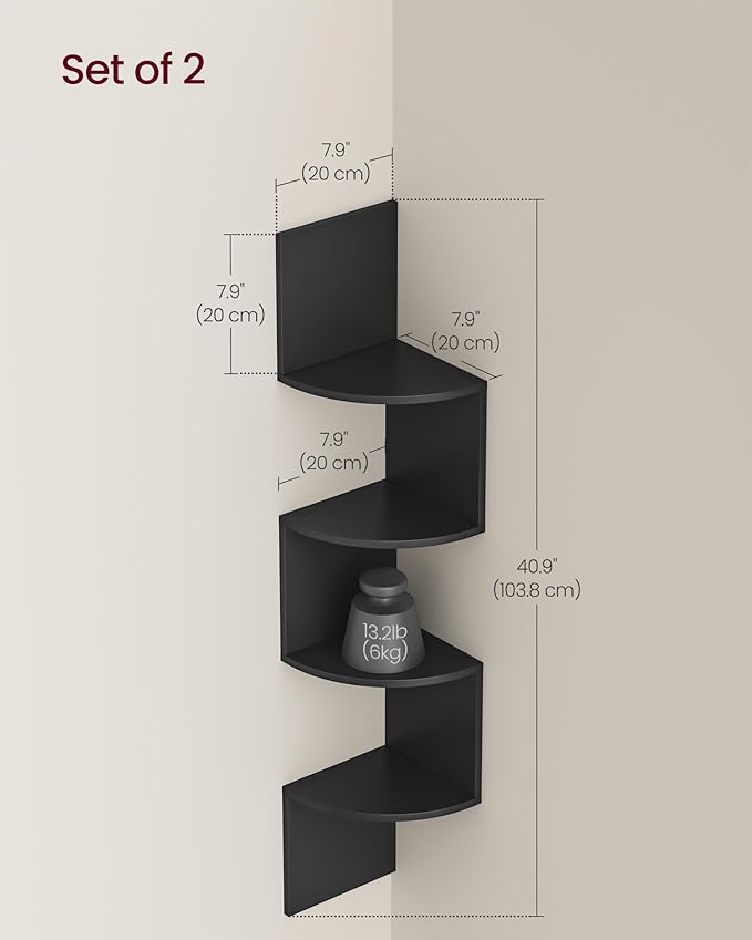 VASAGLE Set of 2, Corner Shelves Wall Mount, 4-Tier Floating Corner Bookshelves, Plant Shelves for Bedroom, Living Room, Bathroom, Home Office, Ink Black