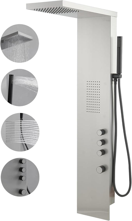 Shower Panel Tower System, Rainfall Shower Head Handheld Shower Wand Multi-Function Shower Panel with Large Area Massage Jets for Home Hotel, Brushed Nickel