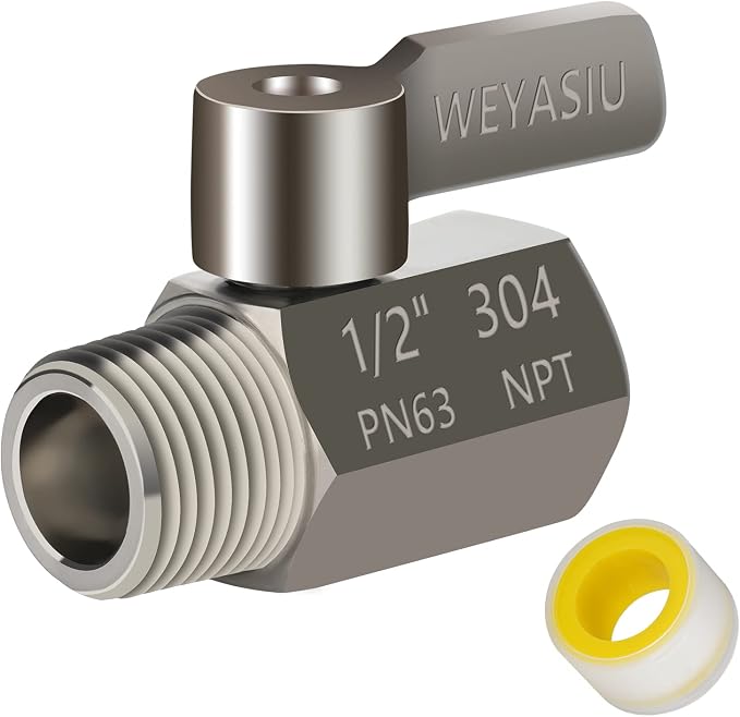 Shower Head Shut Off Valve with Long Handle Lever, 1/2" NPT Stainless Steel | 1/4-Turn Mini Ball Valve, 304 Stainless Steel, Leak-Free, Showerhead Flow Control Water Saver Regulator, Teflon Tape Included