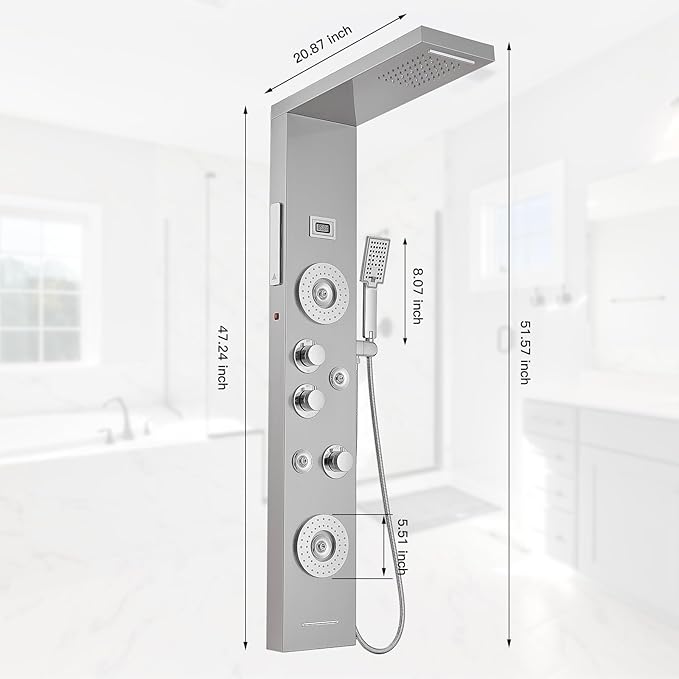 6 in 1 Shower Panel Tower System, Rainfall Shower Tower Systems w/LED and Digital Display Stainless Steel Shower Panels with Waterfall Tub Spout Massage Jets Handheld Head Nickel and Chrome
