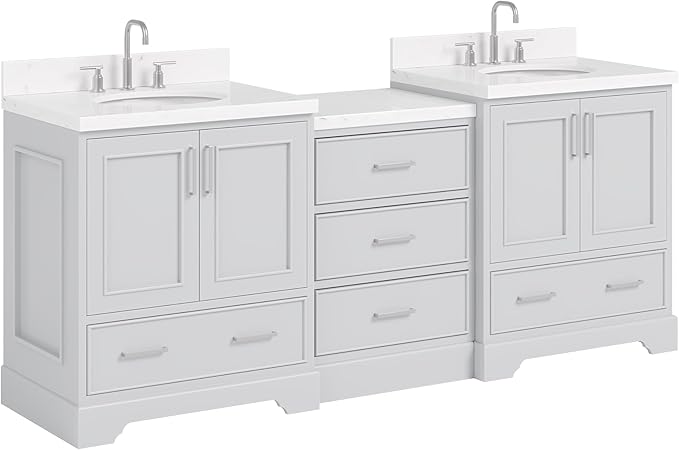ARIEL Stafford 84-inch Bathroom Vanity with Sink,Solid Wood, 1.5in Carrara White Quartz Countertop & Backsplash, Double Oval Porcelain Sink, 4 Soft Closing Doors, 5 Dovetail Drawers, Grey
