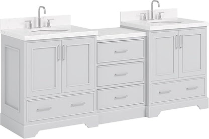 ARIEL Stafford 84-inch Bathroom Vanity with Sink,Solid Wood, 1.5in Carrara White Quartz Countertop & Backsplash, Double Oval Porcelain Sink, 4 Soft Closing Doors, 5 Dovetail Drawers, Grey