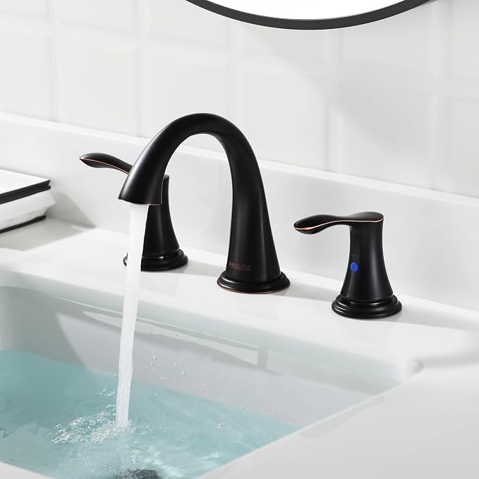 Bathroom Sink Faucet 8 Inch Widespread for Vanity, Oil Rubbed Bronze | Mid Arc Brass Spout, 2 Handle Lead-Free Bathroom Faucet with Metal Pop Up Drain Supply Lines for 3 Hole Lavatory Utility Sink