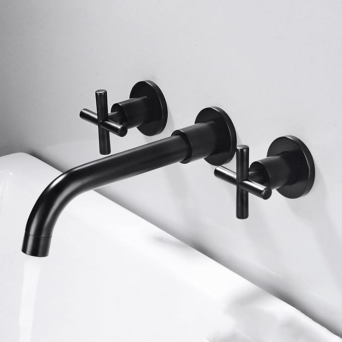 Wall Mounted Bathroom Faucet,Double Cross Handles Lavatory Basin Sink Mixing, Mount Brass,Hot and Cold Water Mixer Tap,Gold(Chrome)