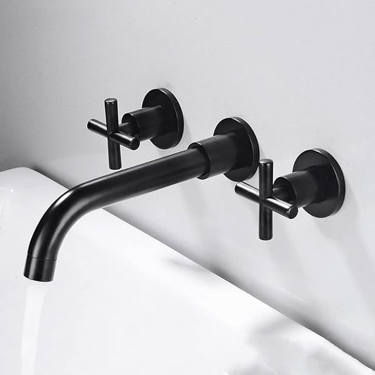 Wall Mounted Bathroom Faucet,Double Cross Handles Lavatory Basin Sink Mixing, Mount Brass,Hot and Cold Water Mixer Tap,Gold(Chrome)
