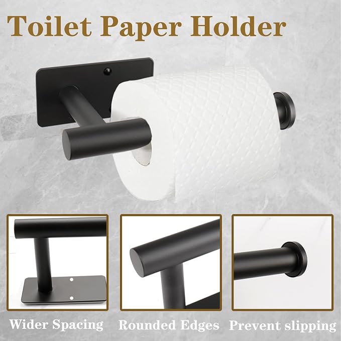 5 PCS Self Adhesive Bathroom Hardware Set, Stainless Steel Towel Rack Set Include 16In Bath Towel Bar+Toilet Paper Holder+3 Towel/Robe Hooks No Drill Bathroom Accessory Kit(Matte Black)