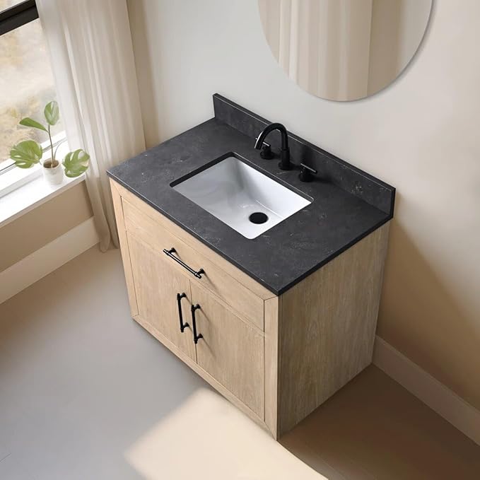 Vanity Art 36 inch Bathroom Vanity with Sink, Vanity Cabinet with Doors and Removable Shelf, Modern Wood Cabinet with White Marble Top, Solid Wood Frame, Ceramic Sink VA70-36-LW-B