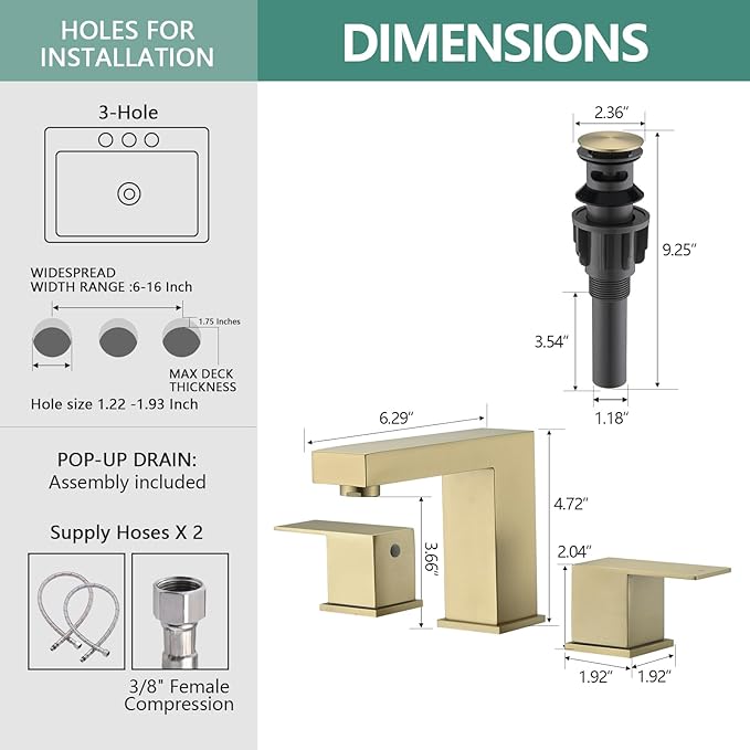 Bathroom Faucet 3 Hole, 8 Inch Widespread Bathroom Sink Faucets, 2 Handle Bathroom Faucets for Sink, Modern Rv Lavatory Vanity Faucet with Pop Up Drain and Supply Hoses, Brushed Golden