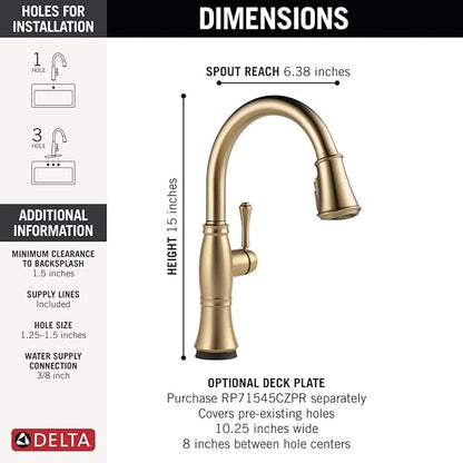 Delta Cassidy Touchless Kitchen Faucet with Touch Technology, Brushed Gold Kitchen Sink Faucet with Pull Down Sprayer, Single Hole, Lumicoat Champagne Bronze 9197TL-CZ-PR-DST