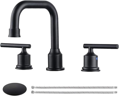WOWOW Two Handles Widespread 8 inch Bathroom Faucet Black 3 Pieces Basin Faucets 360 Degree Swivel Spout Lavatory Sink Faucet