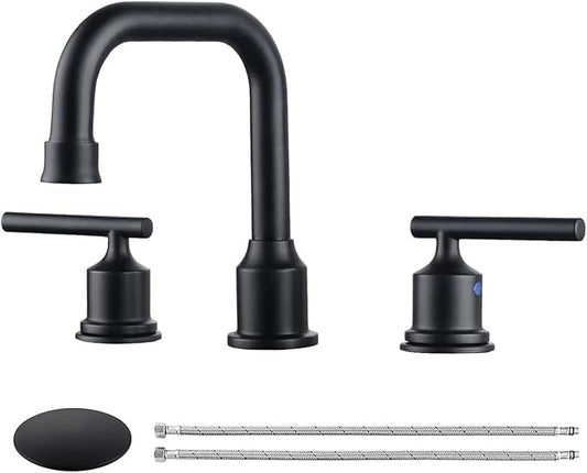 WOWOW Two Handles Widespread 8 inch Bathroom Faucet Black 3 Pieces Basin Faucets 360 Degree Swivel Spout Lavatory Sink Faucet