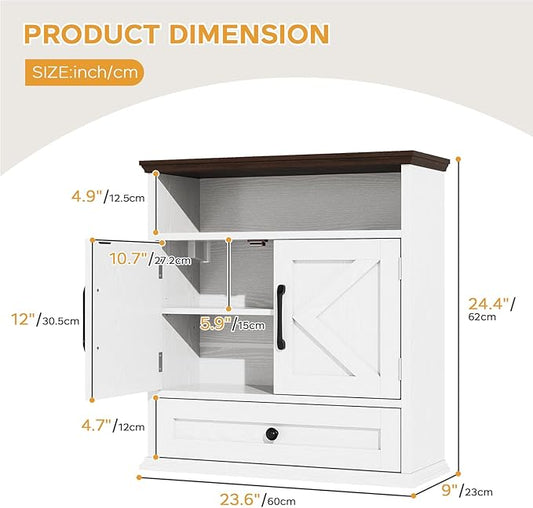 Bathroom Wall Cabinet, Wall Mounted Medicine Cabinet with Drawer, Barn Doors & Adjustable Shelf, 24.4"H x 23.6"W x 9"D White Over Toilet Farmhouse Storage Cabinet for Kitchen, Laundry Room, Entryway