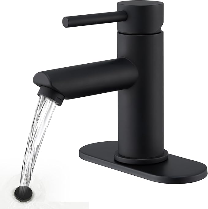 KPW Bathroom Sink Faucet Matte Black, Single Handle Stainless Steel Deck Mount, 1 or 3 Hole, with Pop-Up Drain with Overflow