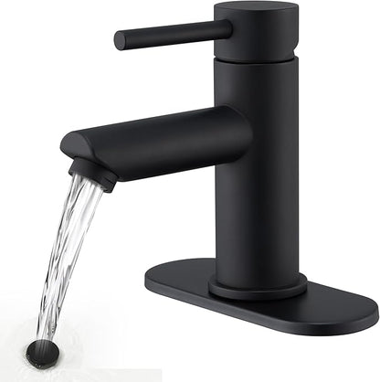 KPW Bathroom Sink Faucet Matte Black, Single Handle Stainless Steel Deck Mount, 1 or 3 Hole, with Pop-Up Drain with Overflow
